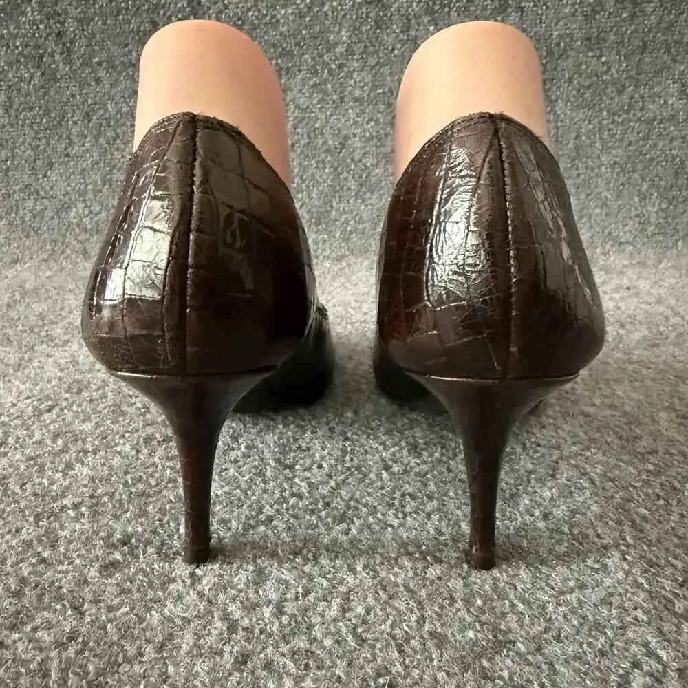 Donald J Pliner Tiff Brown Crocodile Embossed Slip-On Peep Toe Leather Pump 9N
